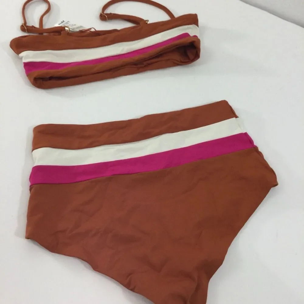 L*Space Womens Rebel Stripe Amber-Bougainvillea-Cream Swim Top Bottom Size XS/S